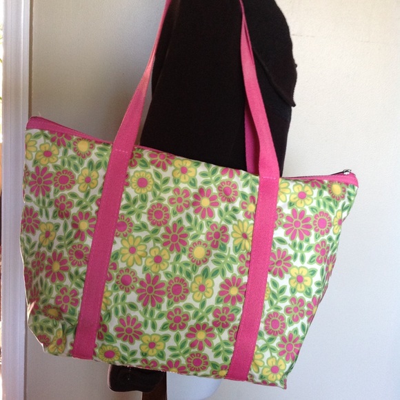 SOLD LESPORTSAC large floral tote green pink